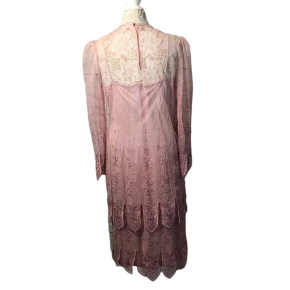Vintage Samax New York pink lace & sheer tiered dress size medium - Picture 7 of 12